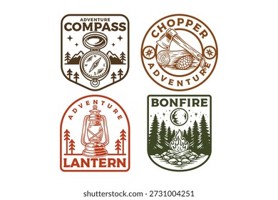 Wilderness equipment with compass tool, camping axe, outdoor lantern, night campfire retro badge illustration logo design set for exploration, survival, camping, adventure and outdoor sport