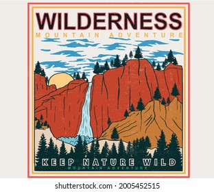 Wilderness explore graphic print design. Mountain vector artwork for fashion. 