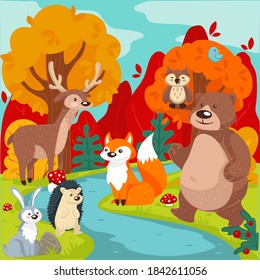 Wilderness of forest or wood, friendly cute animals by river. Fox and bear, deer and bunny, hedgehog and own. Flora and fauna of pure nature, natural landscape in autumn season, vector in flat