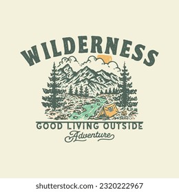 wilderness illustration river graphic camping design forest vintage tent badge fire outdoor t shirt adventure