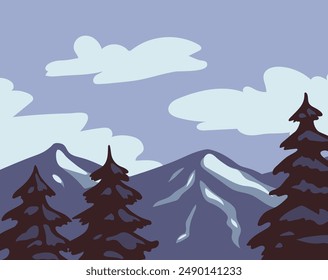 Wildnislandschaft mit Bergen, Fichten und Wolken. Vektorillustration für Reiseplakate, die das Wesen des Abenteuers in einem Retro-Design festhalten.