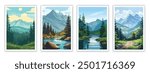 Wilderness and Natural Landscape. Vector illustration of forests, mountains, rivers, and wildlife. Editable artwork for posters, covers, or outdoor-themed designs.