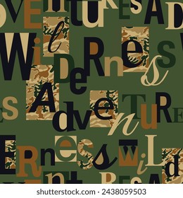 Wilderness Outdoor-Abenteuer Typografie und Camouflage Patchwork Abstrakte Vektor nahtlose Muster für Stoff Hemd tragen Print Tapete Kissen Aufkleber Verpackung 
