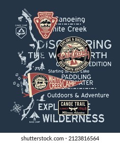 Wilderness outdoor canoeing explore and discover adventure vintage print for boy t shirt with embroidery patches applique