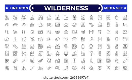 Wilderness Outline Icon Set. Adventure, Nature, Hiking, Camping, Mountains, Forest, Exploration, Backpack, Trail, Landscape, Outdoor Recreation, Travel, Wildlife, Tent, Map, Badge, Vector Design
