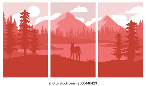 wilderness panoramic view of autumn mountain with sunset background poster illustration design, set of outdoor wild mountain poster design
