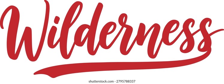 Wilderness red script typography word vector illustration isolated on white. Hand-drawn calligraphy font for nature, adventure, exploration, and outdoors design.