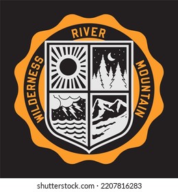 Wilderness River Mountain Shiels Vector Logo