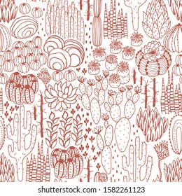 Wilderness seamless pattern with cacti, succulents and wild plants, thicket, environment. Vector hand drawn illustration in vintage style on ivory background.