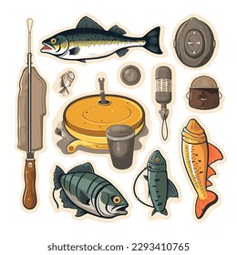 Wilderness survival gear. Sport fishing and hobby.. Cartoon vector illustration. label, sticker, t-shirt printing