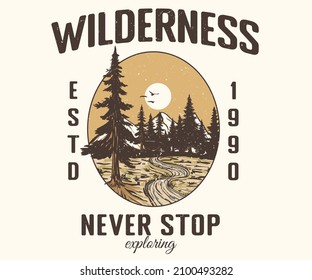 Wilderness Vintage Vektorgrafik T Shirt Print Design. Wild erkunden Kunstwerke für Bekleidung und andere.