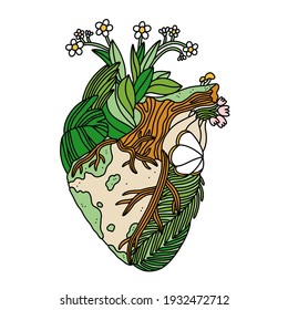 Wilderness, wild nature plants in a heart shape silhouette, vector illustration isolated on white background