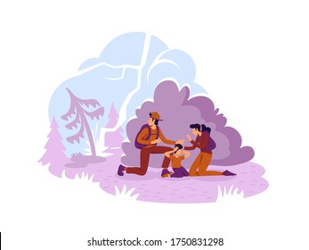 Wildfire 2D vector web banner, poster. Tourist family escaping from burning woodland flat characters on cartoon background. Natural disaster printable patch, colorful web element