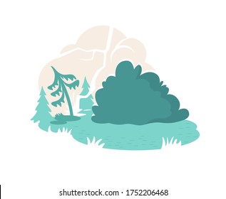 Wildfire 2D vector web banner, poster. Forest trees in fire. Thunderbolt flat illustration on cartoon background. Smoke in woodland. Natural disaster printable patch, colorful web element
