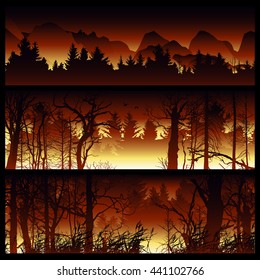 Wildfire Background. Burning Forest Vector Horizontal Banners.