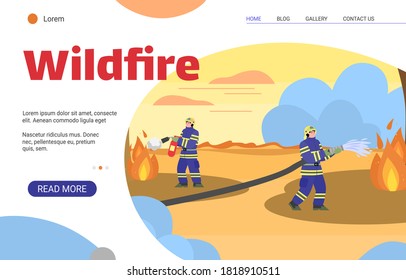 Wildfire banner template - firemen extinguishing wild fire with water and extinguisher. Cartoon firefighter people in uniform at burning landscape, vector illustration