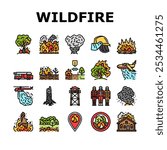 wildfire blaze firestorm burn icons set vector. inferno flames, smoke heat, evacuation forest, ember ash drought, spark wildfire blaze firestorm burn color line illustrations