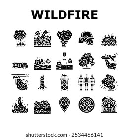 fogo queimado queimado queimado incendiar ícones definir vetor. fogo chamas, fumaça calor, floresta de evacuação, seca de cinza, faísca incêndio queimado incendiado queimado queimado glifo pictograma Ilustrações