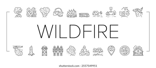 wildfire blaze firestorm burn icons set vector. inferno flames, smoke heat, evacuation forest, ember ash drought, spark wildfire blaze firestorm burn black contour illustrations