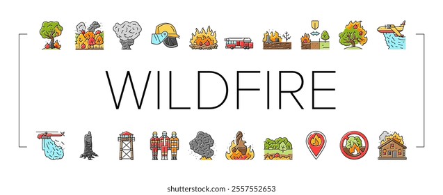 wildfire blaze firestorm burn icons set vector. inferno flames, smoke heat, evacuation forest, ember ash drought, spark wildfire blaze firestorm burn color line illustrations