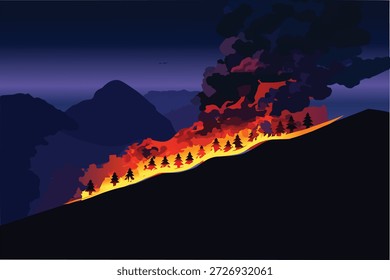 Incendio forestal ardiendo en la ladera de la montaña en la Ilustración vectorial nocturna