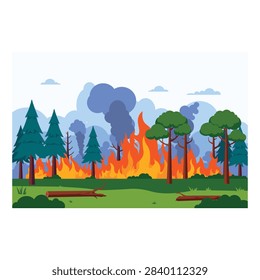 Wildfire burning forest with thick smoke and flame destroying woodland environment