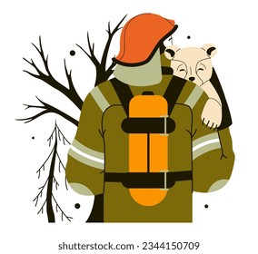 Wildfire. Burning forest trees, dangerous and harmful natural disaster. Firefighter in protective clothing and helmet rescuing an injured animal. Fireman holding a baby bear. Flat vector illustration