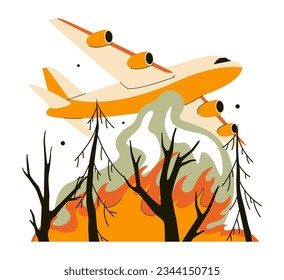 Wildfire. Burning forest trees, dangerous and harmful nature disaster. Aircraft extinguishing woods fire with water drop. Fire liquidation by plane. Flat vector illustration