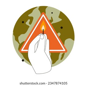 Wildfire. Burning forest trees, dangerous and harmfull nature disaster. Firefighter in protective clothing and helmet, aircraft and volunteer extinguishing woods fire. Flat vector illustration