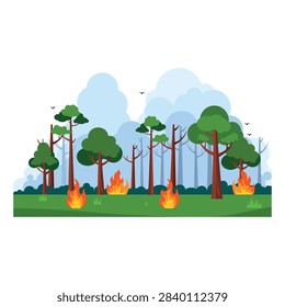 Wildfire burning green forest landscape with flames and smoke vector illustration