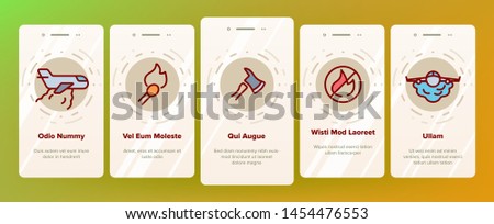 Wildfire, Bushfire Vector Onboarding Mobile App Page Screen. Wildfire, Natural Disaster Linear Illustrations. Forests, Houses in Flames. Announcing Fire Danger. Firefighting Vehicle, Plane