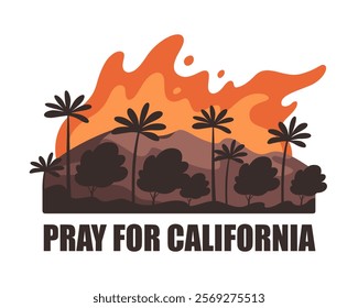 Wildfire in California, natural disaster. Cataclysm, catastrophe, destruction of nature. Forest in flame, dry weather, danger of drought. Vector illustration in flat style