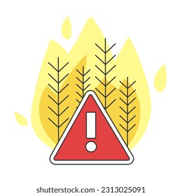 Concepto de incendio forestal. Desastre natural causado por la ola de calor anormal y el cambio climático. Llama peligrosa en el bosque. Árboles en llamas. Ilustración vectorial plana