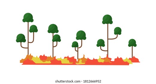 Wildfire concept. A set of stylized green trees and red, yellow and orange fire flames. Forest burning.