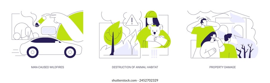 Wildfire consequences abstract concept vector illustration set. Man-caused wildfires, destruction of animal habitat, property damage, fire in forest, hot weather, climate change abstract metaphor.