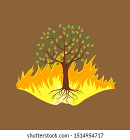 Wildfire disaster with burning forest tree. Vector illustration.