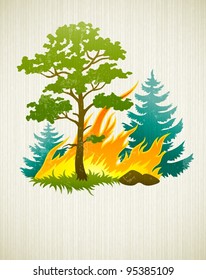 desastre de incendios forestales con árbol forestal ardiente e ilustración vectorial de árboles de fuego en el fondo texturado EPS10. Objetos transparentes utilizados para dibujar sombras y luces