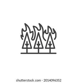 Wildfire Disaster Line Icon. Forest Fire Linear Style Sign For Mobile Concept And Web Design. Burning Forest Trees Outline Vector Icon. Symbol, Logo Illustration. Vector Graphics