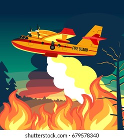 Wildfire firefighter plane or fire aircraft jet extinguish fire, forest trees  vector illustration