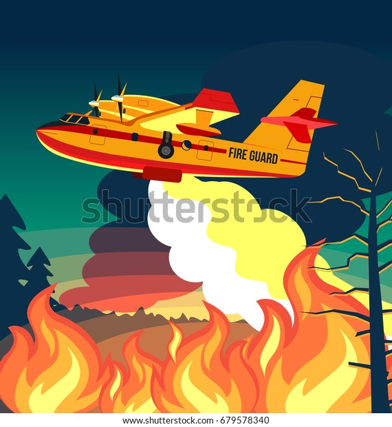 Wildfire firefighter plane or\
fire aircraft jet extinguish fire, forest trees  vector\
illustration