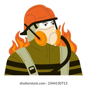 Fuego silvestre. Bombero con ropa de protección y fuego de extinción de casco. Valiente bombero, departamento de bomberos, trabajador del servicio de emergencia. Ilustración vectorial plana