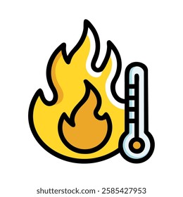 A wildfire flame next to a thermometer showing extreme heat conditions