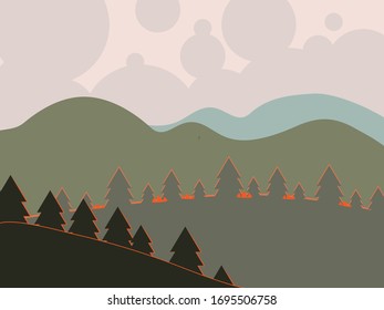 Wildfire flat vector illustration.Natural world.Forest fires cause dust pollution and burn trees and wildlife