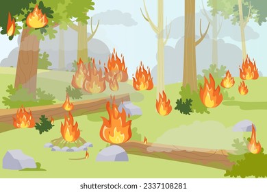 Wildfire in forest because of bonfire vector illustration. Summer heat, drought and cigarettes causing forest fires and destruction. Natural disaster, global warming, fire danger concept