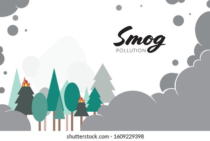 wildfire or forest fire cause smog or smoke on background. Fine dust, air pollution, smog, pollutant gas emission, PM10, PM2.5. Vector illustration. World environment day concept.