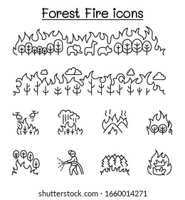 Wildfire, forest fire icon set in thin line style