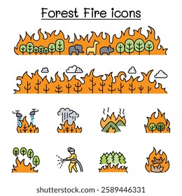 Wildfire, forest fire icon set in color line style