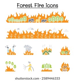 Wildfire, forest fire icon set in flat color style