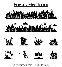 Wildfire, forest fire icon set in glyph style