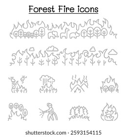 Wildfire, forest fire icon set in thin line style